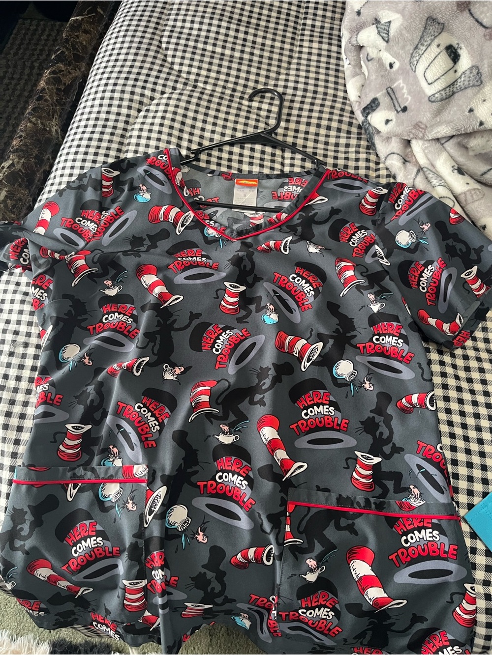Dr. Seuss Gray 'Here Comes Trouble' scrub Top with Red Accents